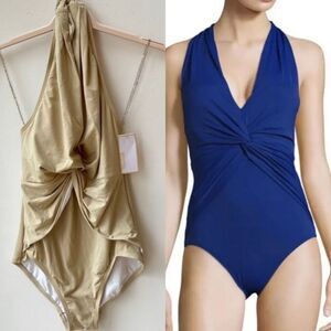 Michael kors swimsuit v neck plunge tan beige golden tone 10 new